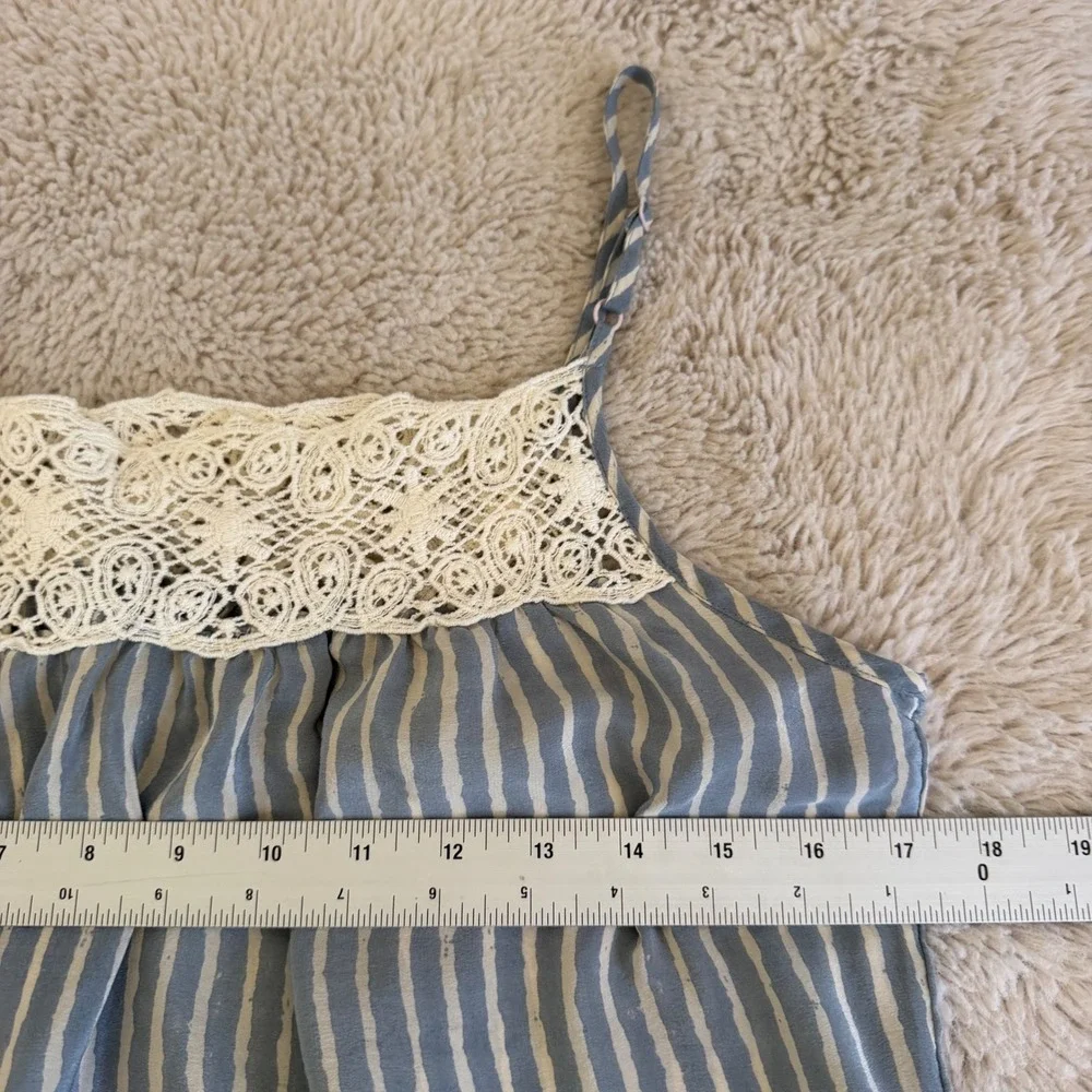 Lucky Brand Silk Camisole Top Blue‎ White Stripe Crochet Lace Coastal Babydoll